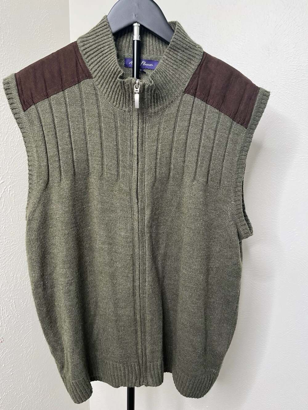 Men’s Olive Green Full-Zip Sweater Vest Brown Trim Grandpa Core Outdoor Casual